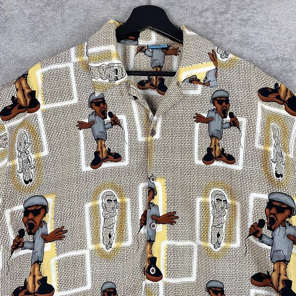 Seals Shirt Mens XL Brown Tan Rapper Hip Hop Print Button Front Camp Hawaiian - Picture 3 of 13